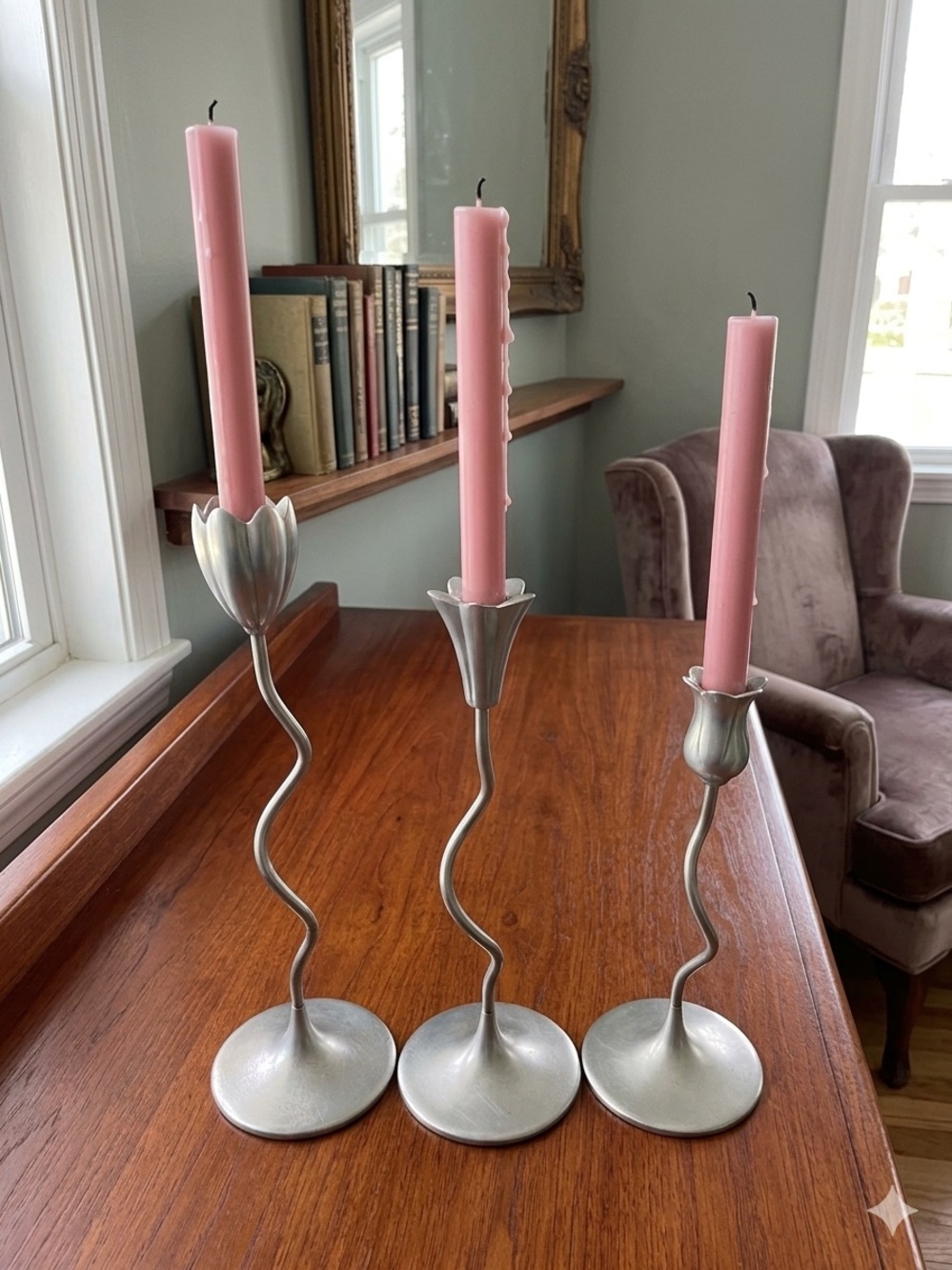 PartyLite "Dancing Slims"  Pewter Taper Candles  Curved Flower Holders